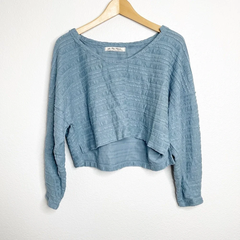 We The Free Free People Blue Textured Cropped Long Sleeve Top XS
